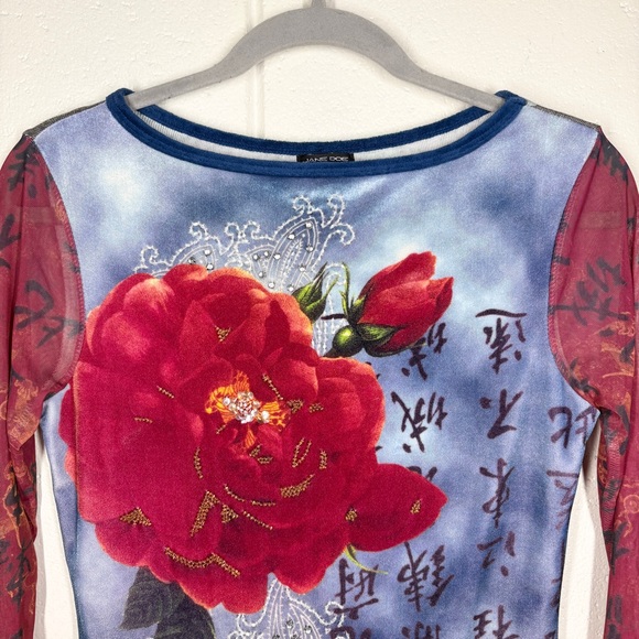 Jane Doe Y2K 90s Grunge Vintage Mesh Sleeve Top Size Medium Floral Blue Red - Picture 2 of 13